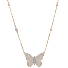 14K Yellow Gold Mother of Pearl Butterfly Diamond Pendant 25mm Necklace 18in, view 2