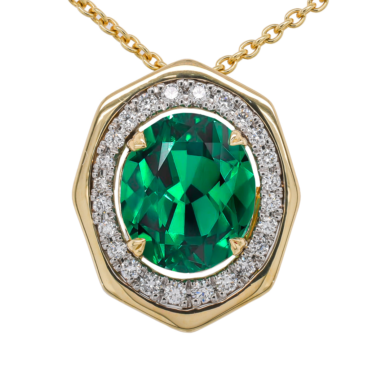 14K Yellow and White Gold Oval Emerald Diamond Halo Slide Pendant 15.5x18.5mm Necklace 18in