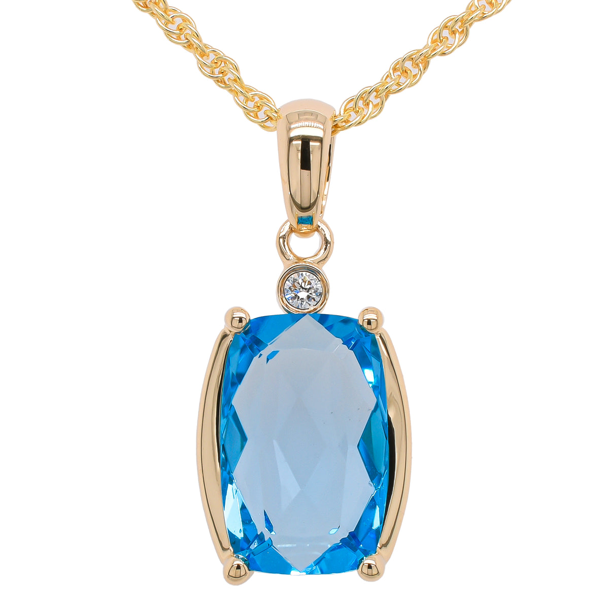 14K Yellow Gold Blue Topaz Elongated Cushion Diamond Pendant Necklace 18in