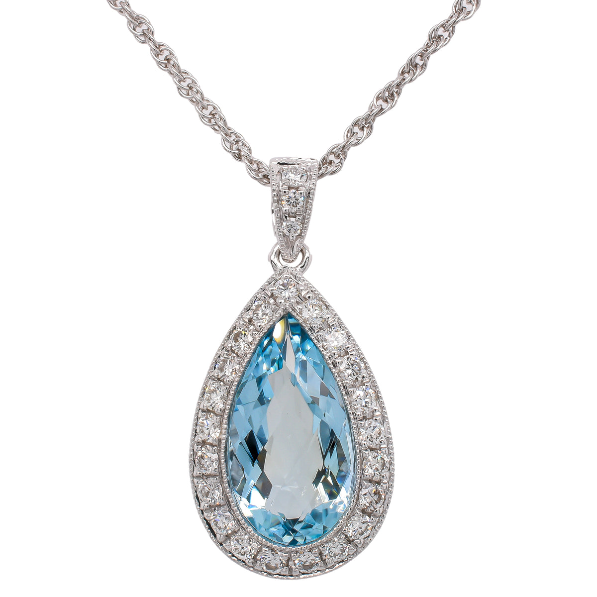 14K White Gold Pear Cut Aquamarine Diamond Pendant Necklace 18in