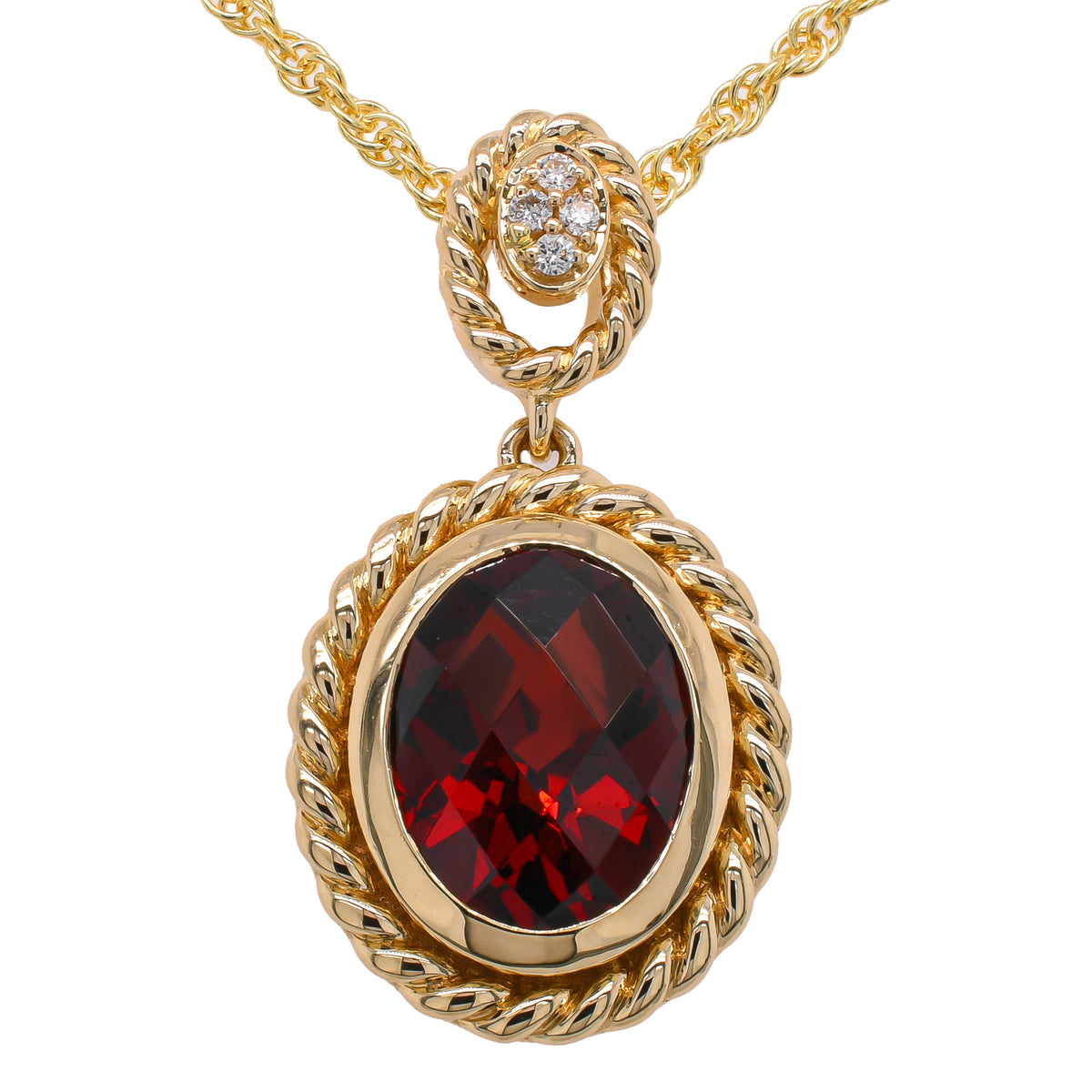 14K Yellow Gold Oval Garnet Bezel Set Diamond Necklace 18in