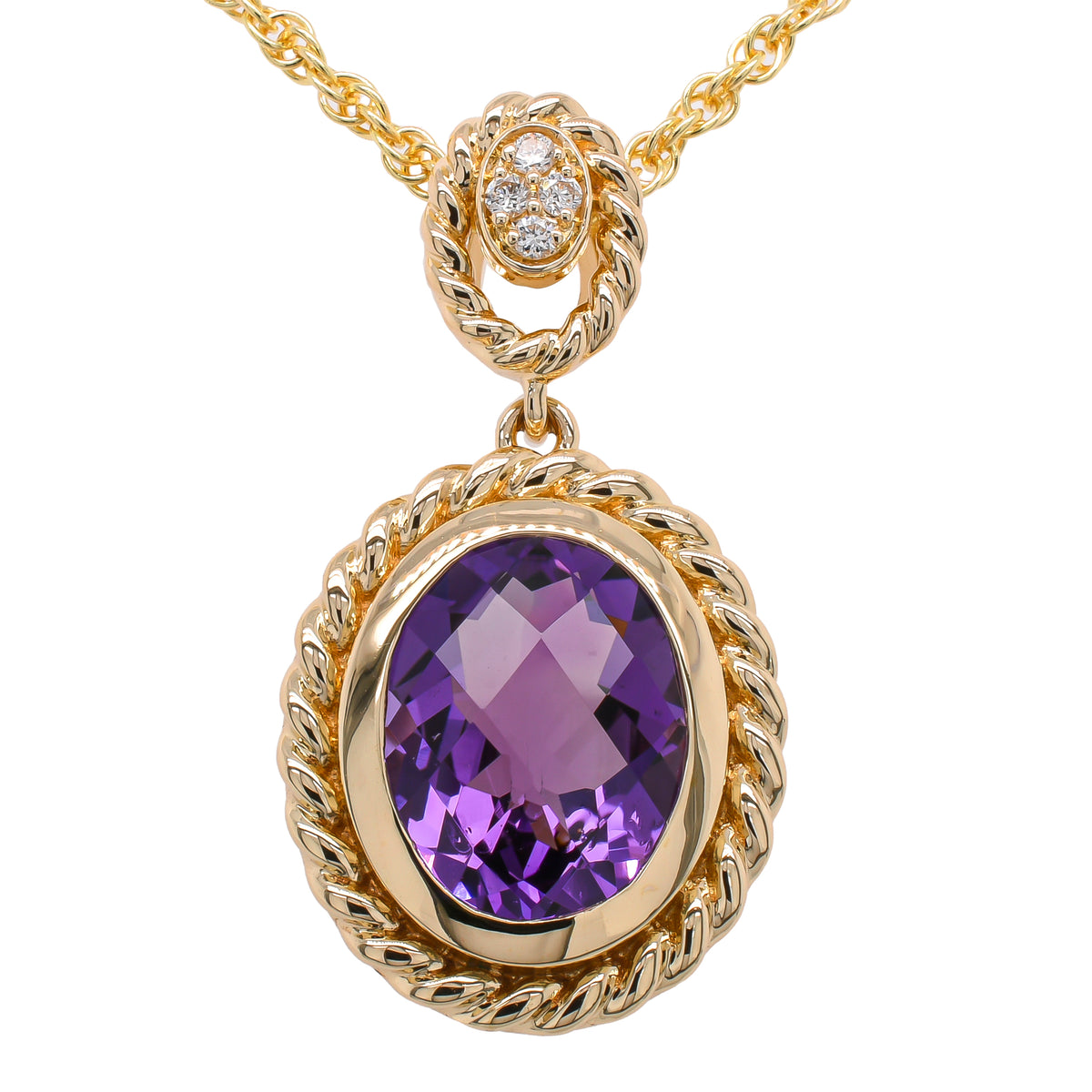 14K Yellow Gold Oval Amethyst Bezel Set Diamond Necklace 18in
