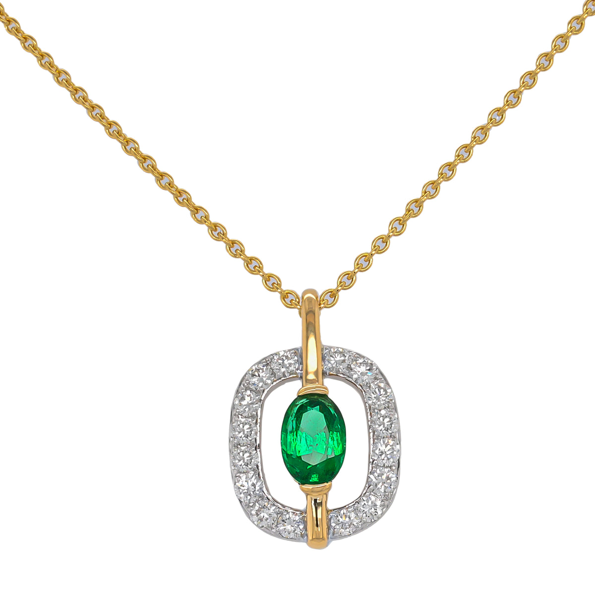 18K Yellow and White Gold Floating Emerald Diamond Pendant Necklace