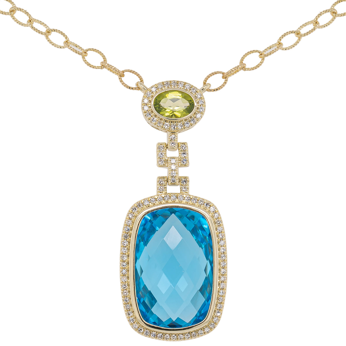 14K Yellow Gold Blue Topaz and Peridot Diamond Bezel Pendant Necklace