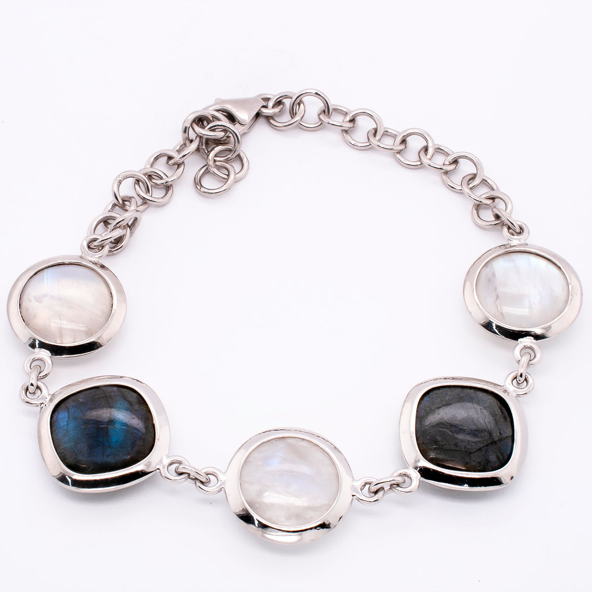 Sterling Silver Labradorite & Rainbow Moonstone Cable Link Bracelet