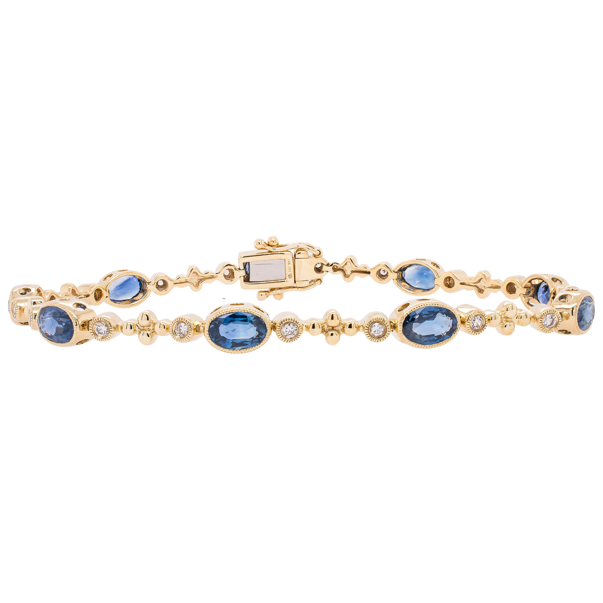 14K Yellow and White Gold Oval Sapphire and Diamond Bezel Tennis Bracelet