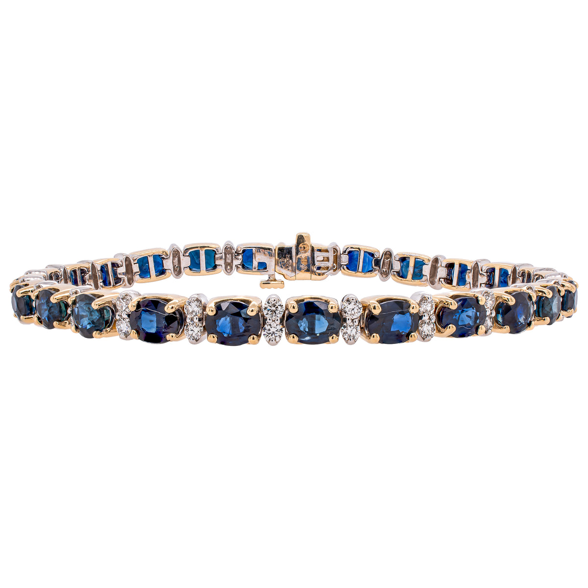 14K Yellow and White Gold Oval Sapphire Diamond Tennis Bracelet