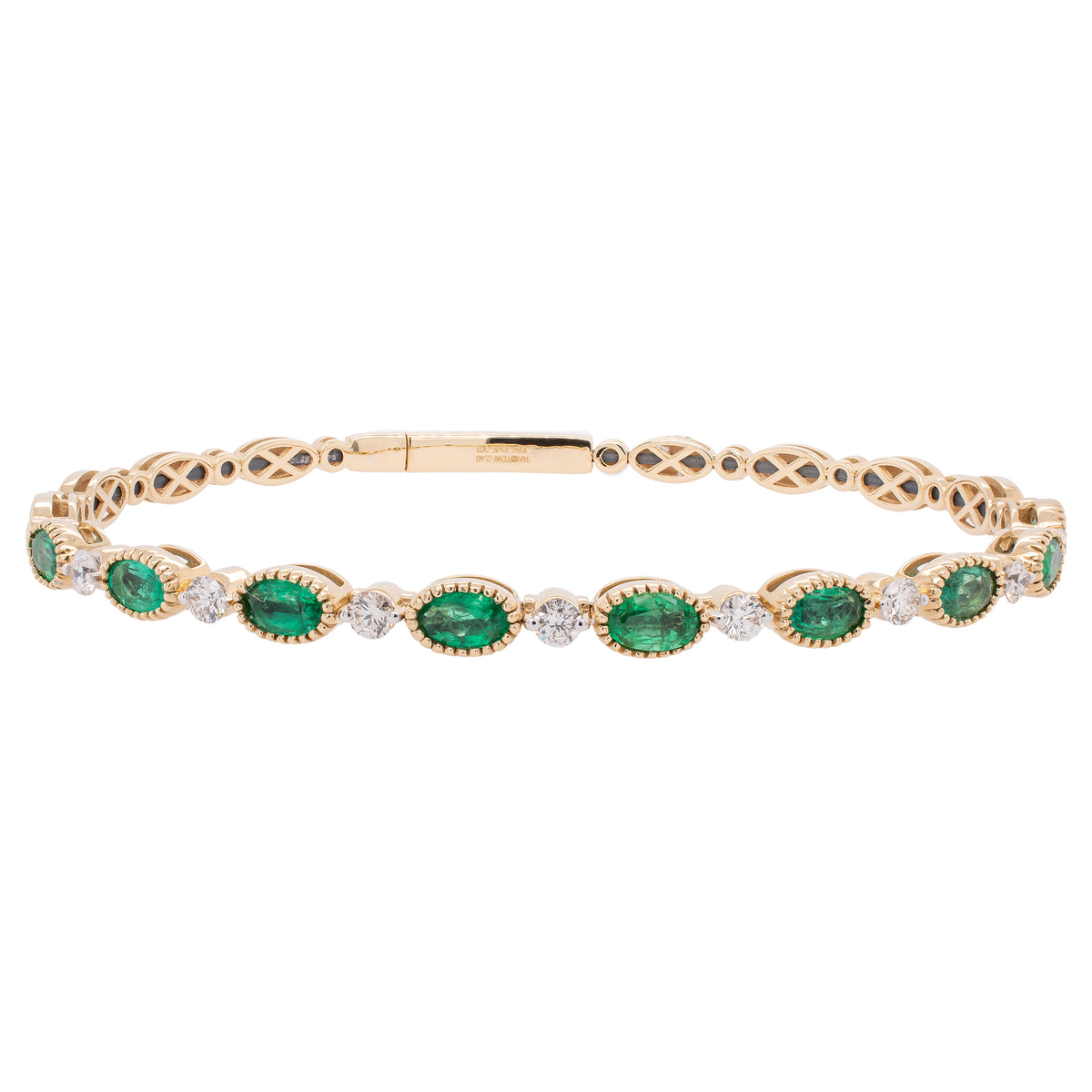 14K Yellow Gold Oval Emerald Diamond Bangle Bracelet