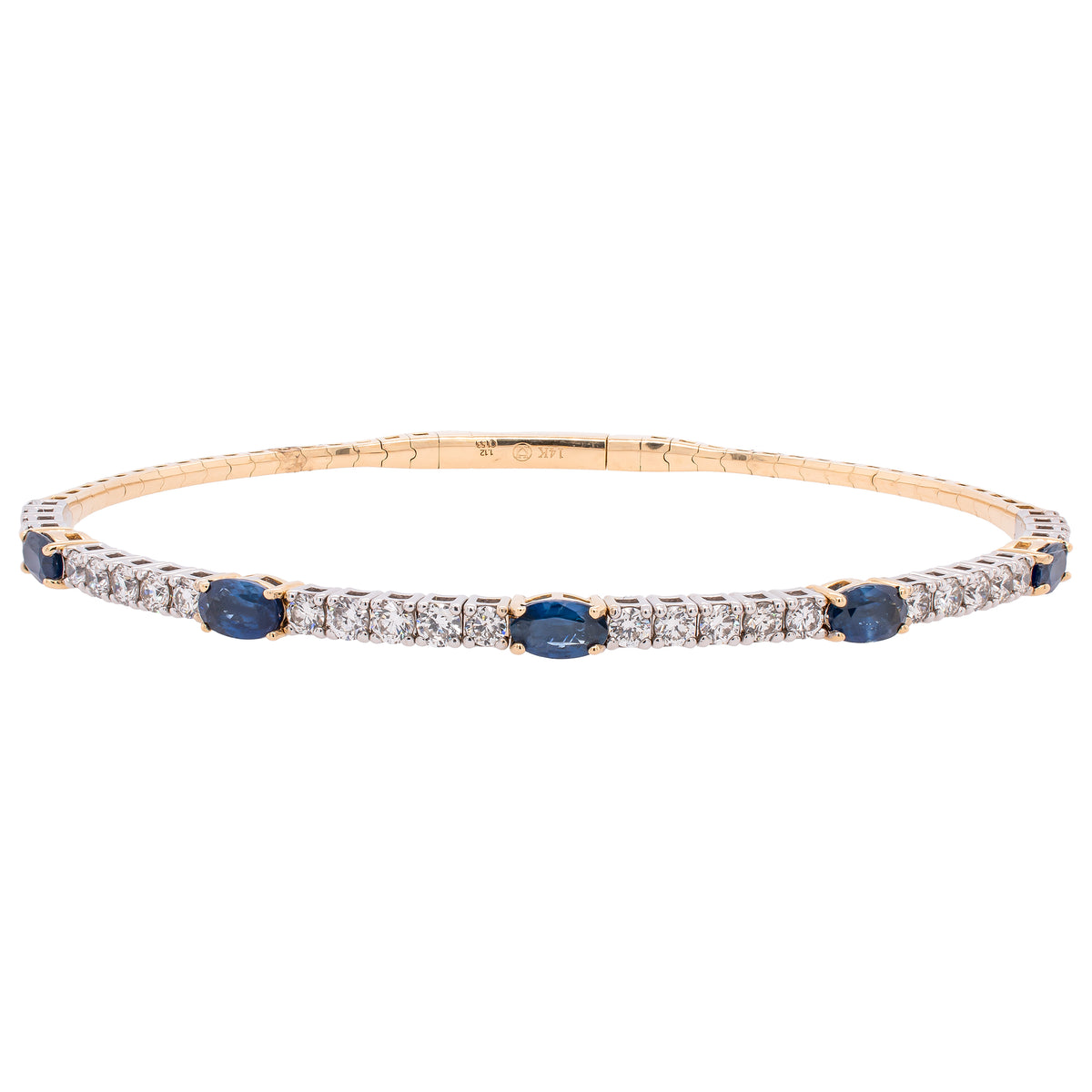 14K Yellow and White Gold Sapphire Oval Diamond Flezi Bangle Bracelet