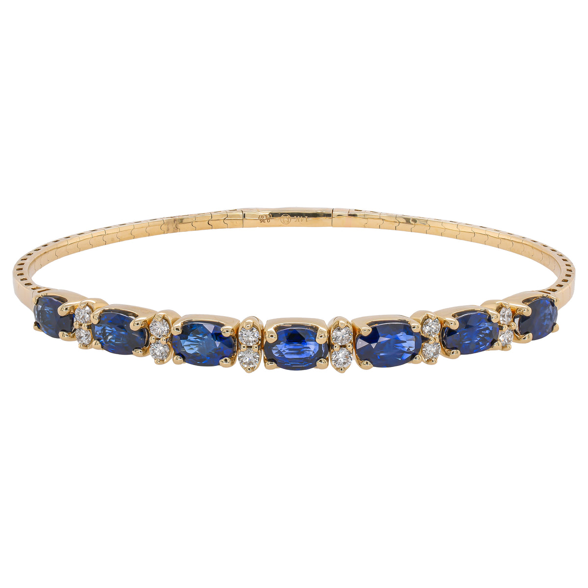 14K Yellow and White Gold Sapphire Oval Diamond Flexible Bangle Bracelet