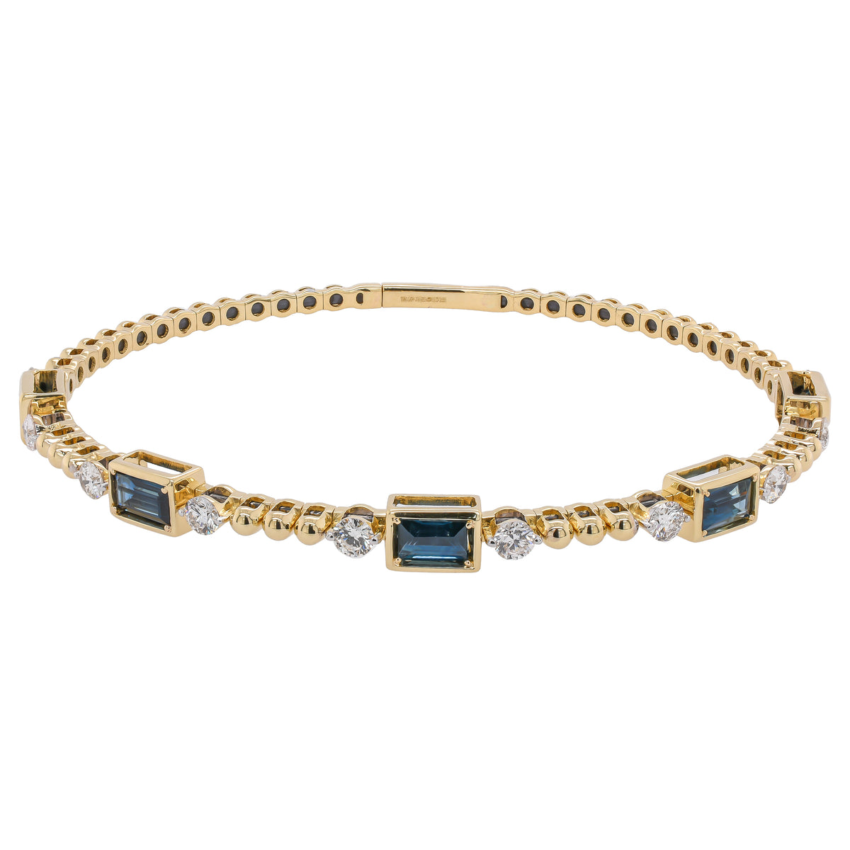 14K Yellow Gold Sapphire Emerald Cut Diamond Flexible Bangle Bracelet