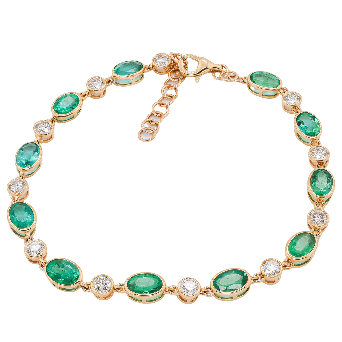 14K Yellow Gold Emerald Oval Diamond Bezel Bracelet 8in