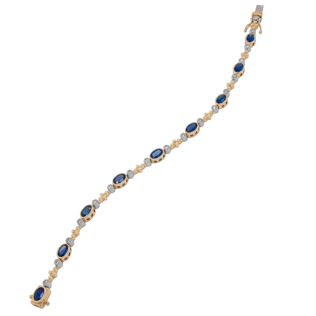 14K Yellow and White Gold Oval Sapphire and Diamond Bezel Tennis Bracelet