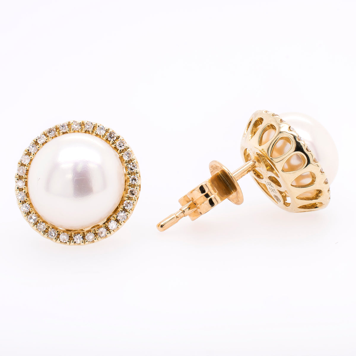 14K Yellow Gold Pearl Diamond Earrings