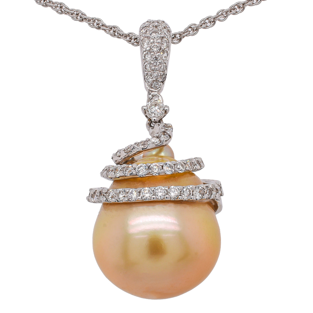 18K White Gold Diamond Swirl Gold-Pearl Pendant