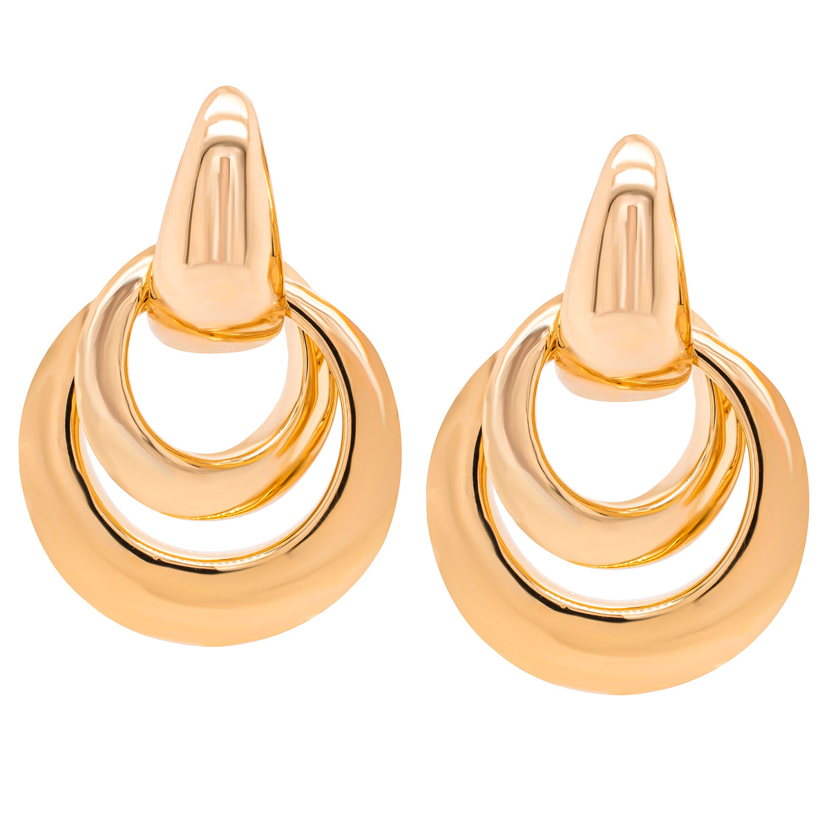 18K Yellow Gold Round Double Link Dangle Earrings