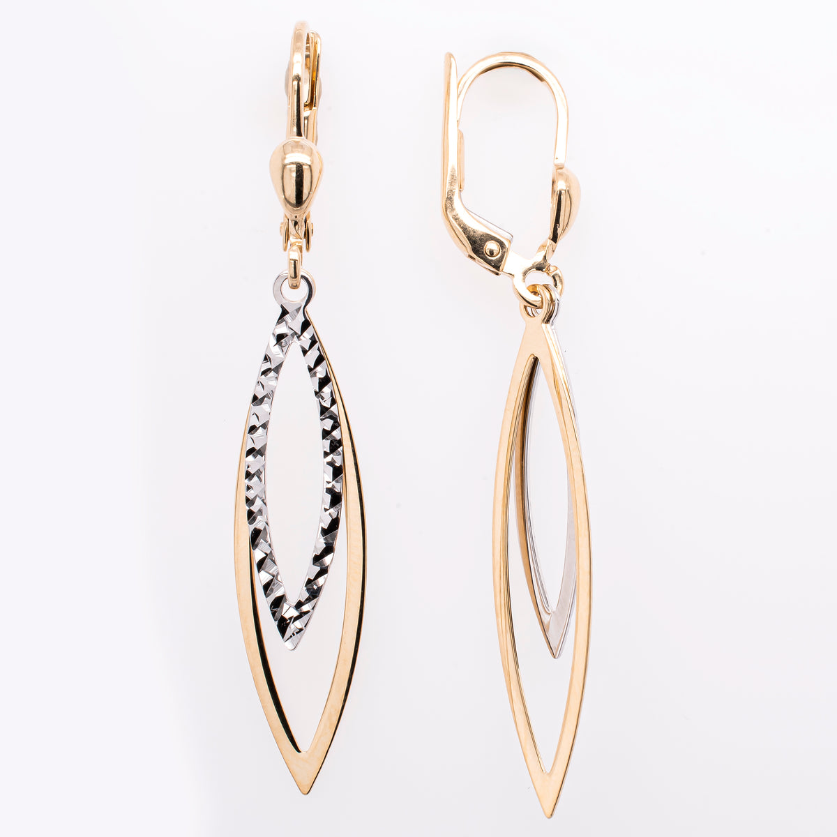 14K Yellow and White Gold Diamond Cut LeverBack Dangle Earrings