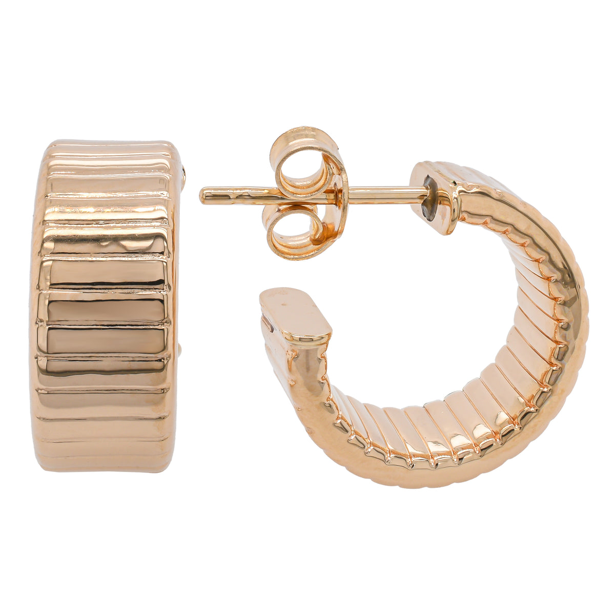 14K Yellow Gold C Hoop Ribbed Earrings 14.5mm