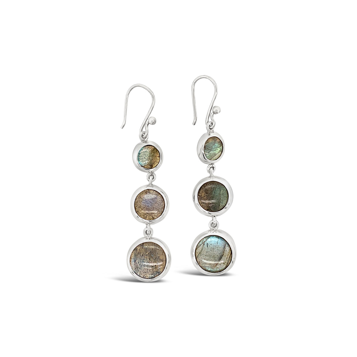 Sterling Silver Bezel Set 3 Stone Labradorite Long Hook Earrings