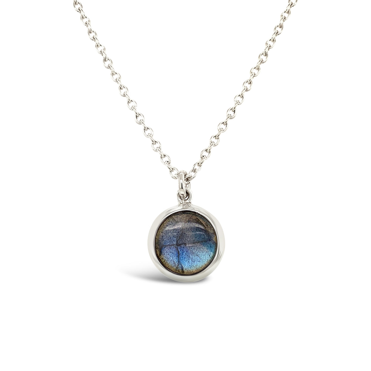 Sterling Silver Round Labradorite Bezel Set Cable Link Necklace