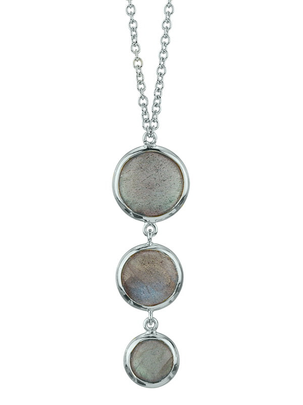 Sterling Silver 3 Stone Round Labradorite Bezel Set Cable Link Necklace