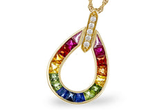 14K Yellow Multi-Color Fancy Sapphire Teardrop Diamond Pendant, view 2