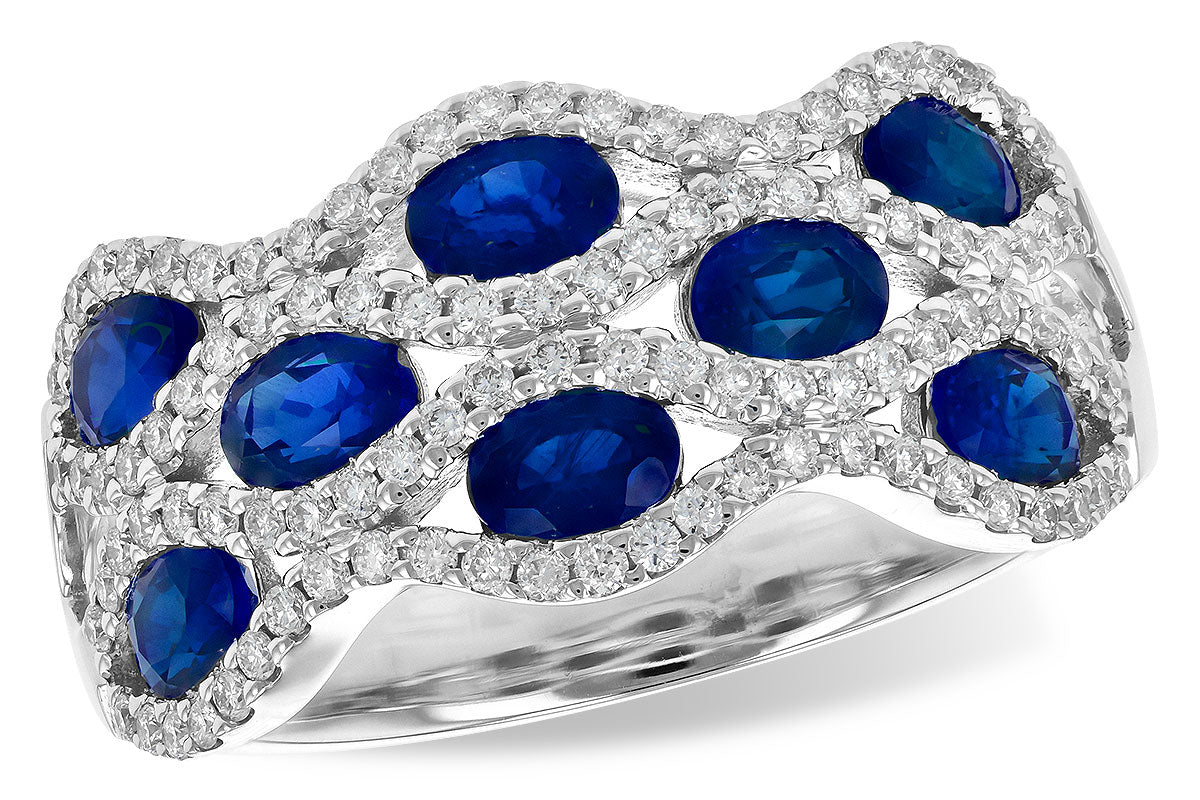 14K White Gold Oval Sapphire Diamond Wave Pave Ring