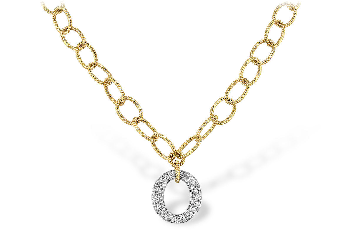 14K Yellow and White Gold Open Link Oval Pave Diamond Pendant Necklace