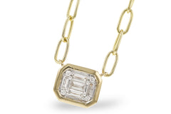 14K Yellow Gold Diamond Emerald Shaped Necklace with Paper Clip Chain, view 1