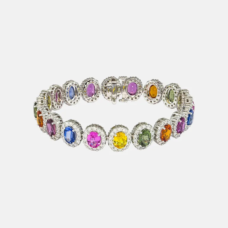 Multicolor sapphire and diamond halo bracelet in white gold
