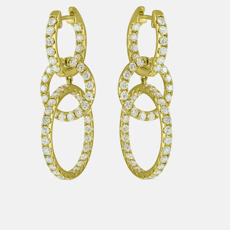 Yellow gold drop earrings of interlocking diamond set links