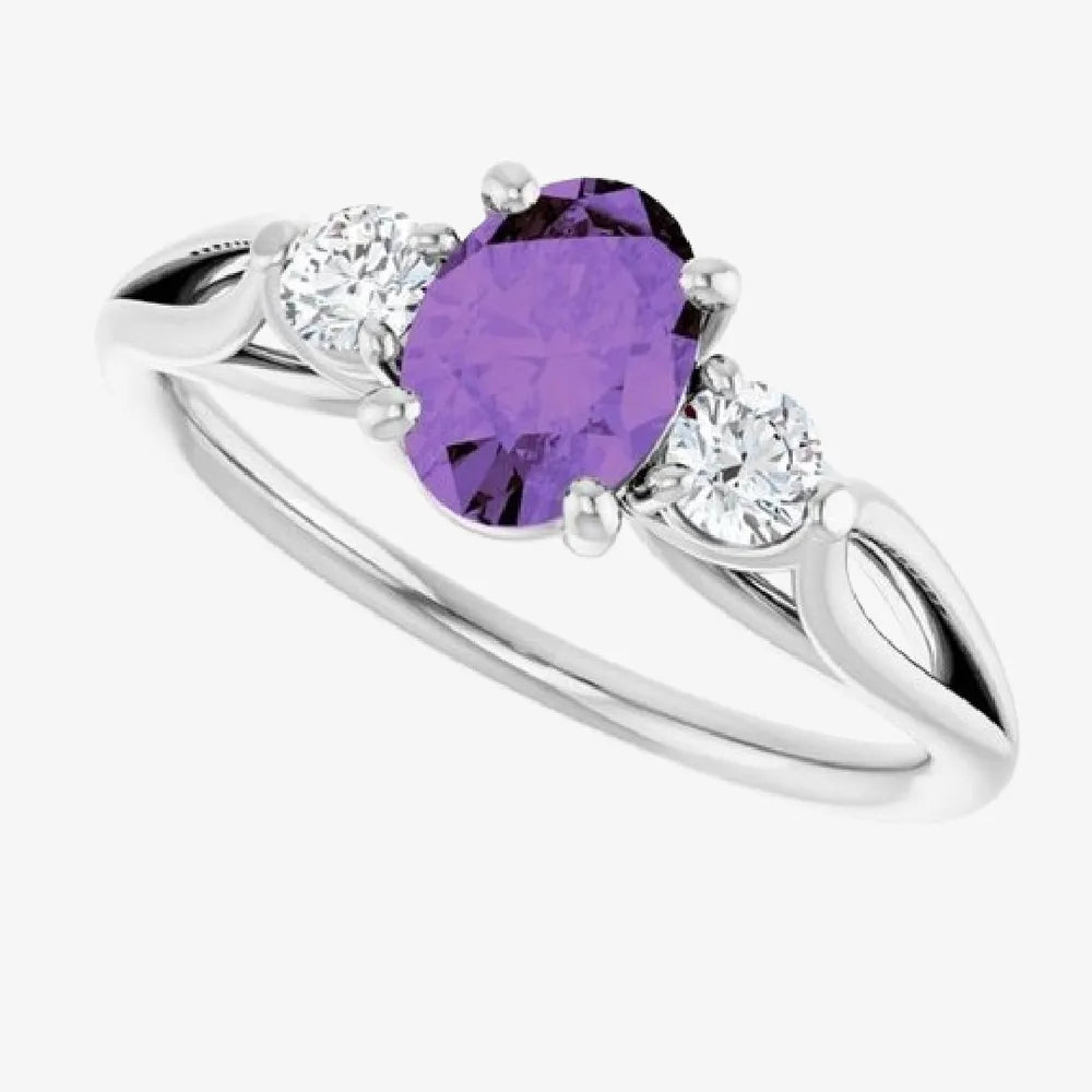 Amethyst three stone ring with round diamond side stones in white gold