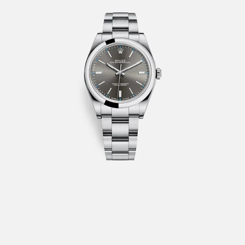 Stainless steel Rolex Oyster Perpetual wristwatch with a dark gray dial