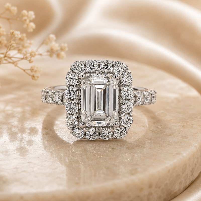 Emerald cut diamond engagement ring surrounded by a halo of round diamonds on a pave band