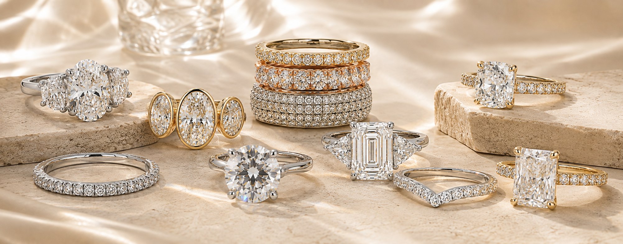 Diamond engagement rings and bands in white, yellow and rose gold arranged on sunlit stone