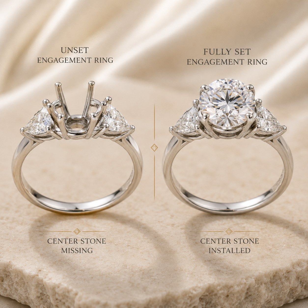 Side by side comparison of an unset engagement ring with the center stone missing and a fully set engagement ring with the center stone installed