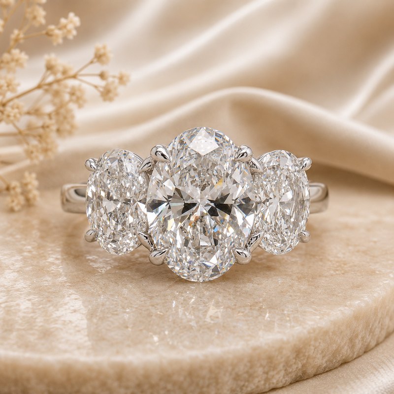 Three stone oval diamond engagement ring in white gold