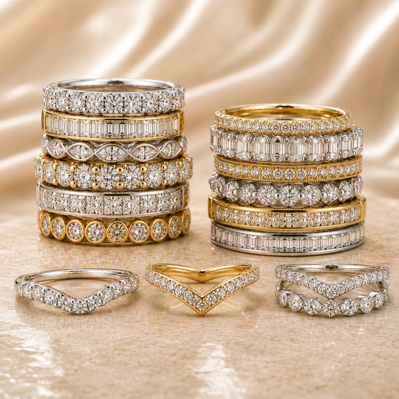 Stacks of diamond wedding and anniversary bands in white and yellow gold with curved and chevron styles