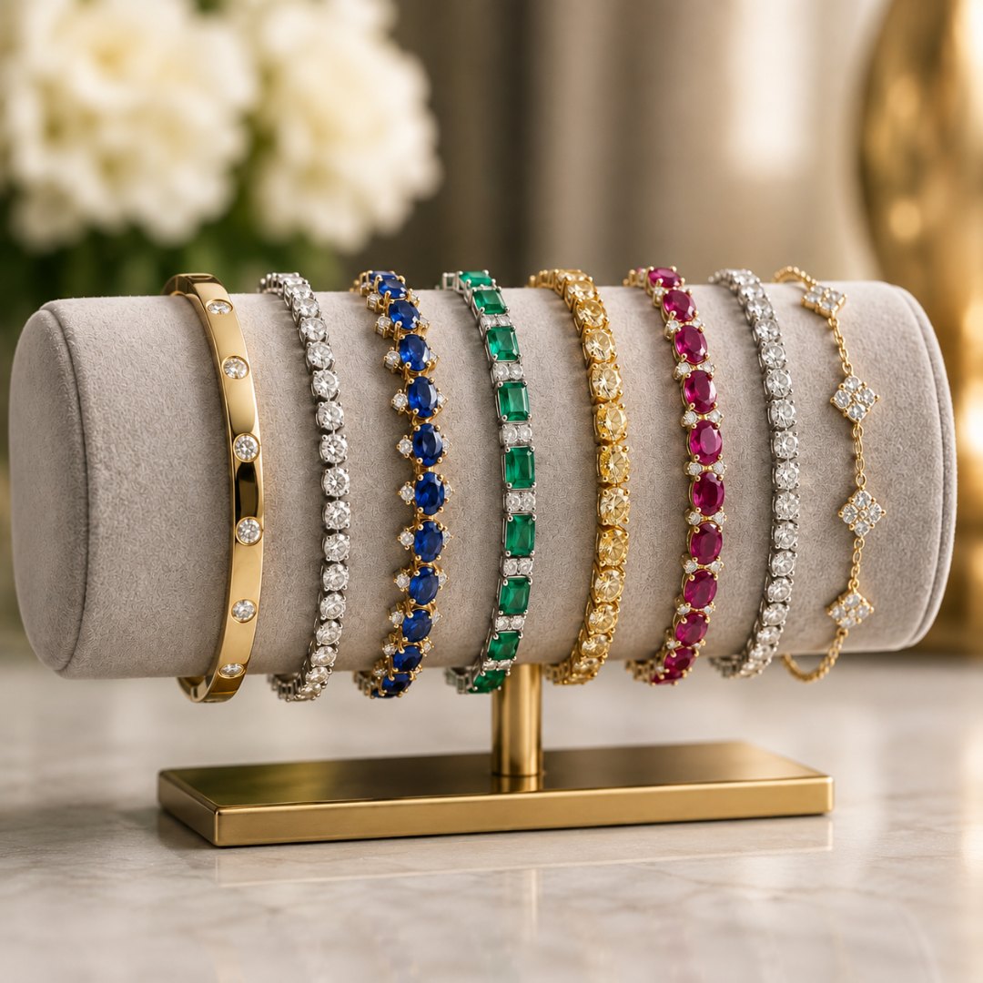 Diamond and gold bracelets on display