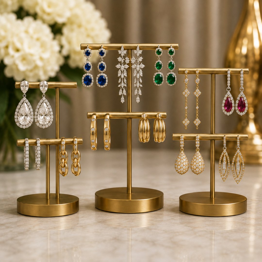 Diamond and gemstone earrings on gold stands