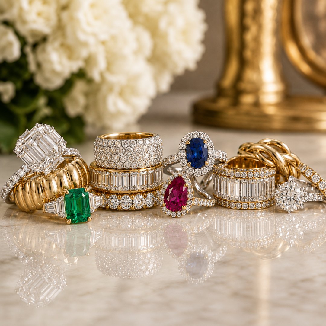 Diamond and gemstone rings gathered on marble