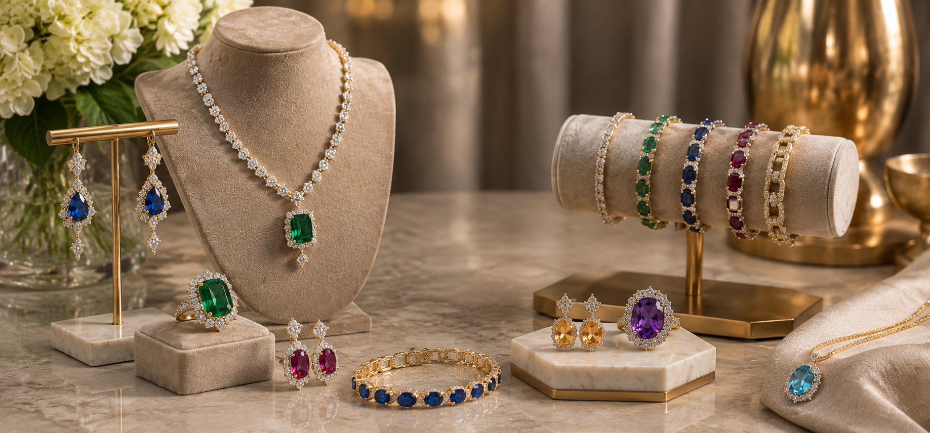 Gemstone necklaces, bracelets, rings and earrings arranged on marble