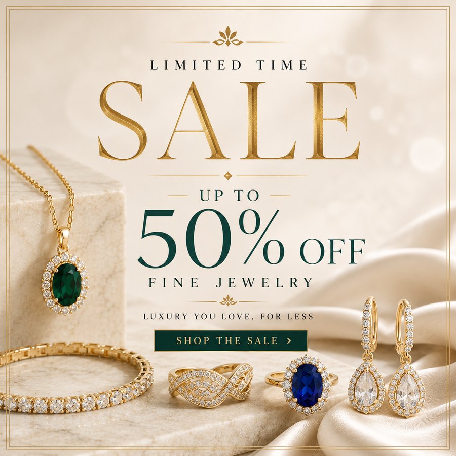 Limited time sale, up to 50 percent off fine jewelry: emerald pendant, diamond tennis bracelet, gold rings and drop earrings
