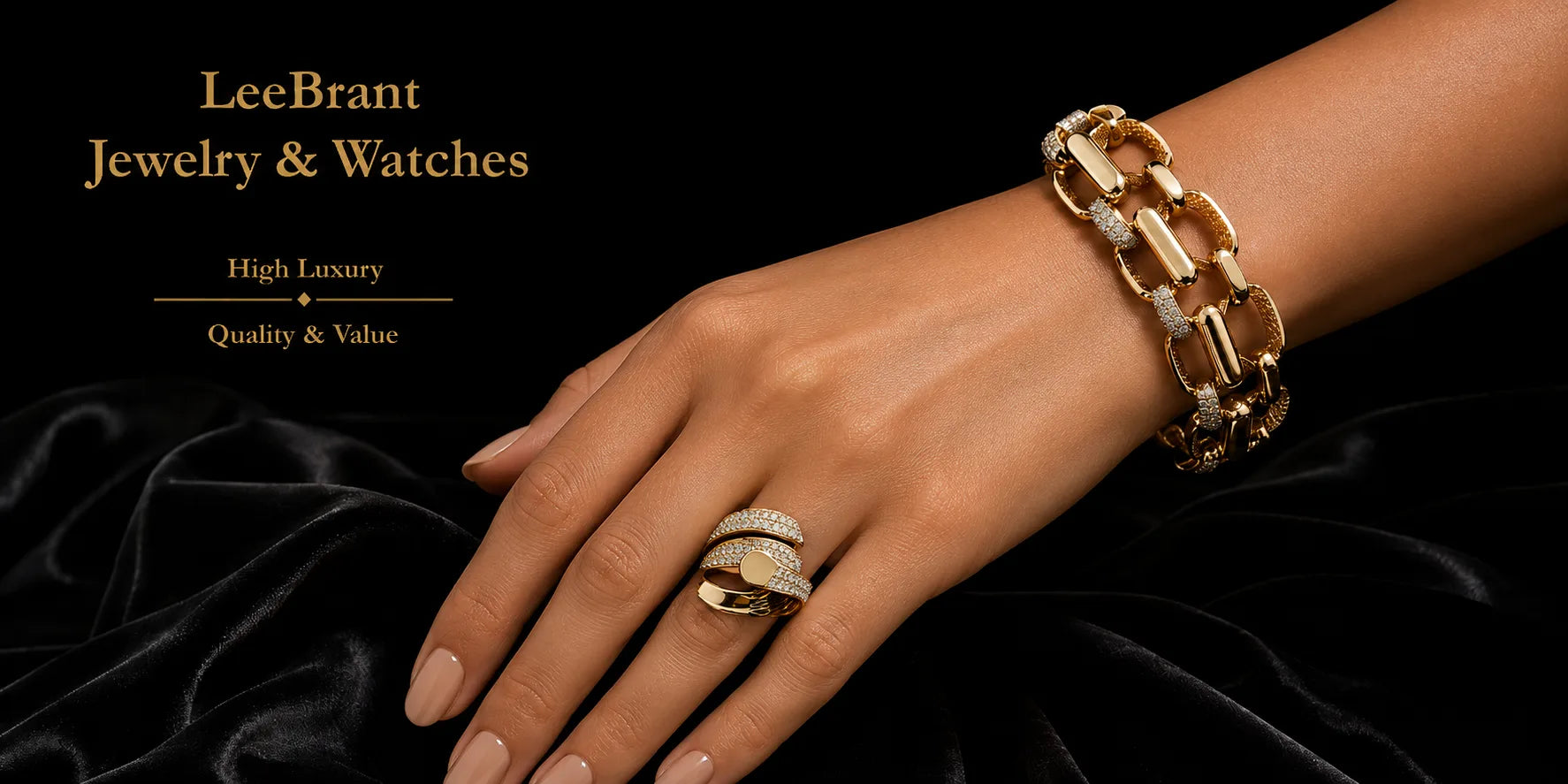 LeeBrant Jewelry and Watches High Luxury, Quality and Value: a gold link bracelet and pave diamond ring worn on a hand over black velvet