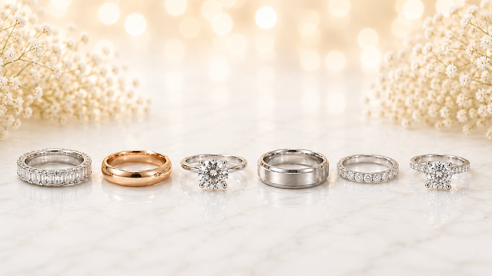 Diamond engagement rings and wedding bands in yellow, rose and white gold lined up on marble with golden bokeh