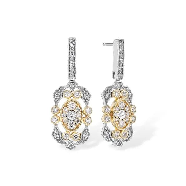 Vintage inspired diamond drop earrings in white and yellow gold with milgrain detail