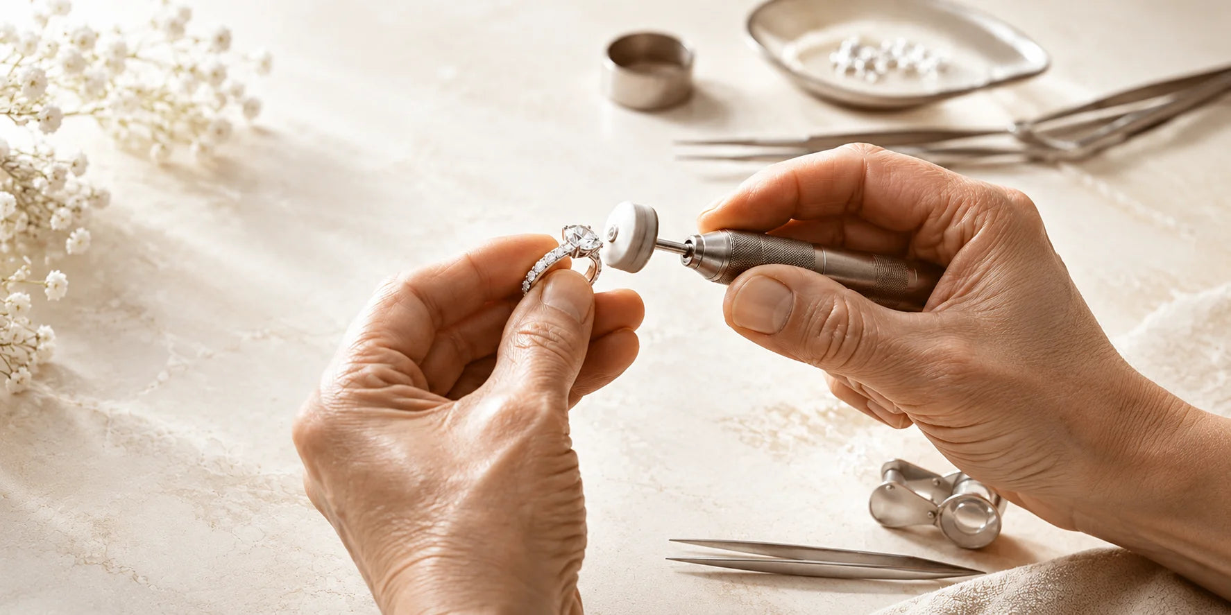 A jeweler's hands polishing a diamond engagement ring with a rotary tool at the bench