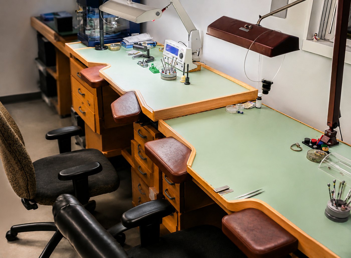 The watchmaker's benches in the LeeBrant workshop with armrests, timing equipment and tools
